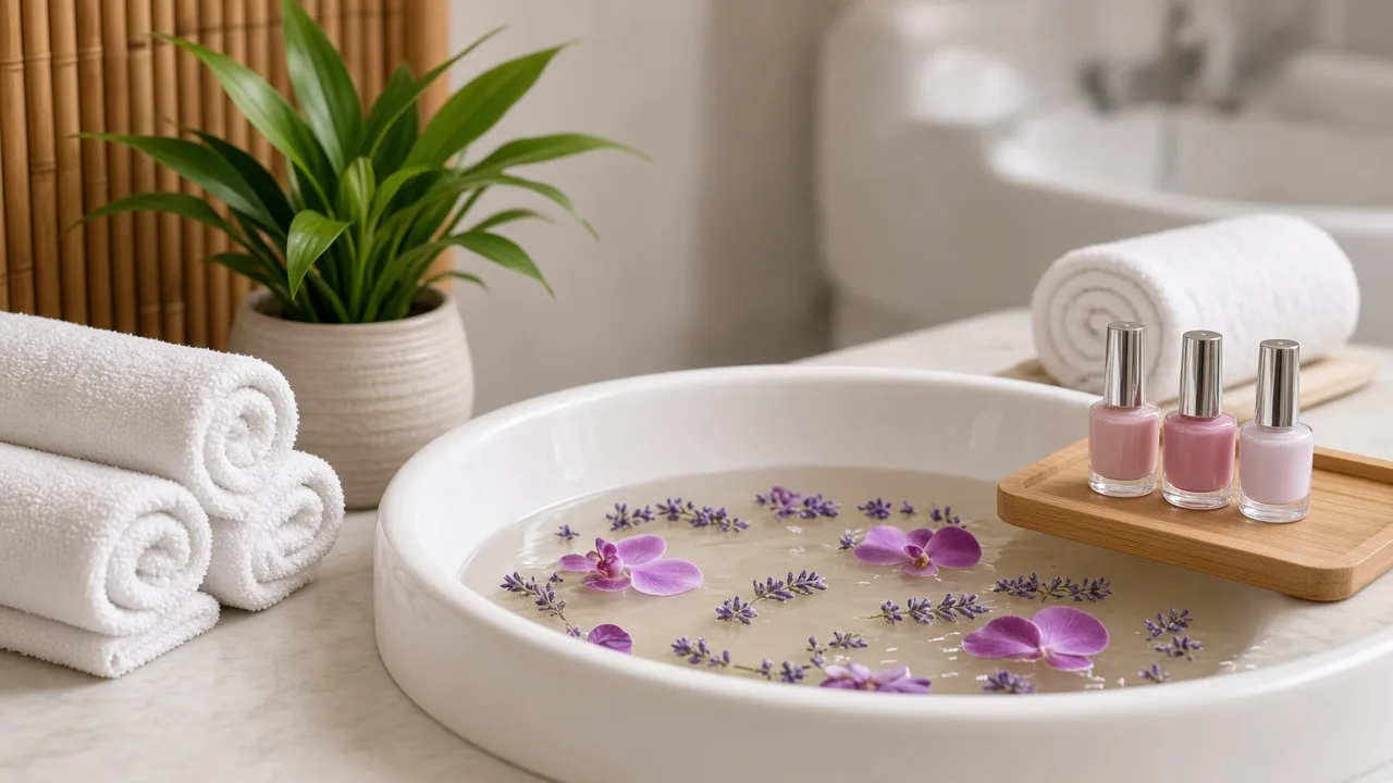 A white pedicure basin with orchid petals and lavender, rolled towels, pink nail polish bottles and a green plant